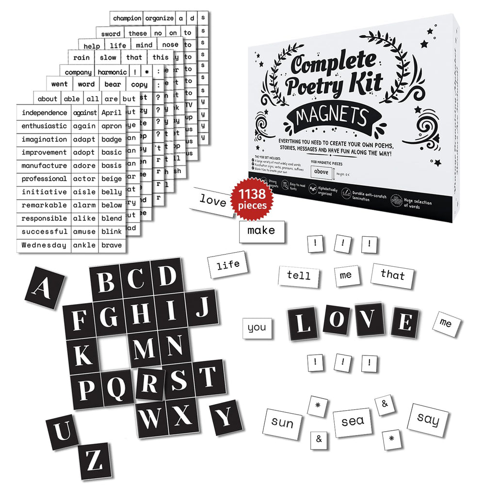 Simply Magic complete poetry magnets kit for fridge with 1138 words for creative poems