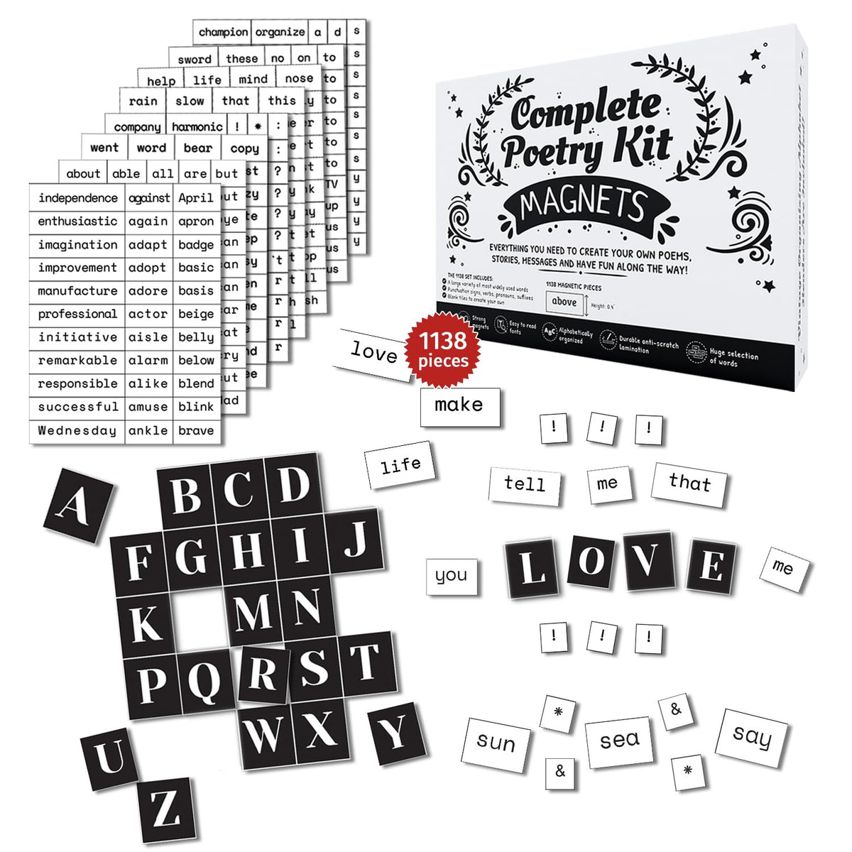 Simply Magic complete poetry magnets kit for fridge with 1138 words for creative poems