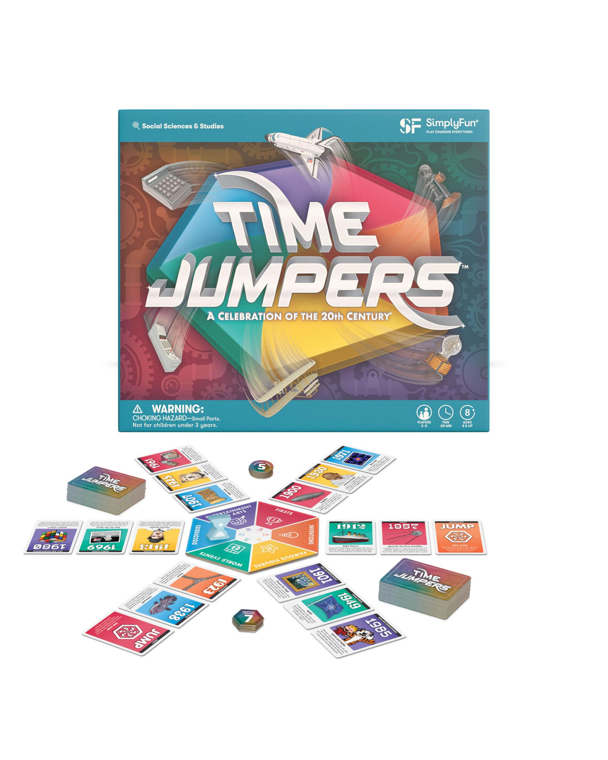 SimplyFun Time Jumpers game box and components invite history learning