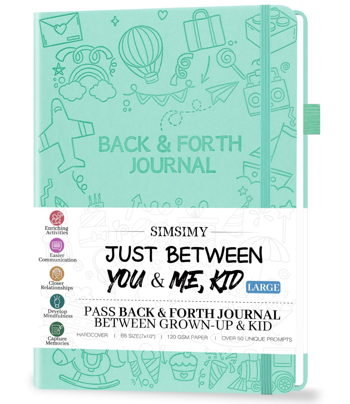 SIMSIMY Just Between You and Me Kid Journal cover in mint green invites cozy parent-child bonding.