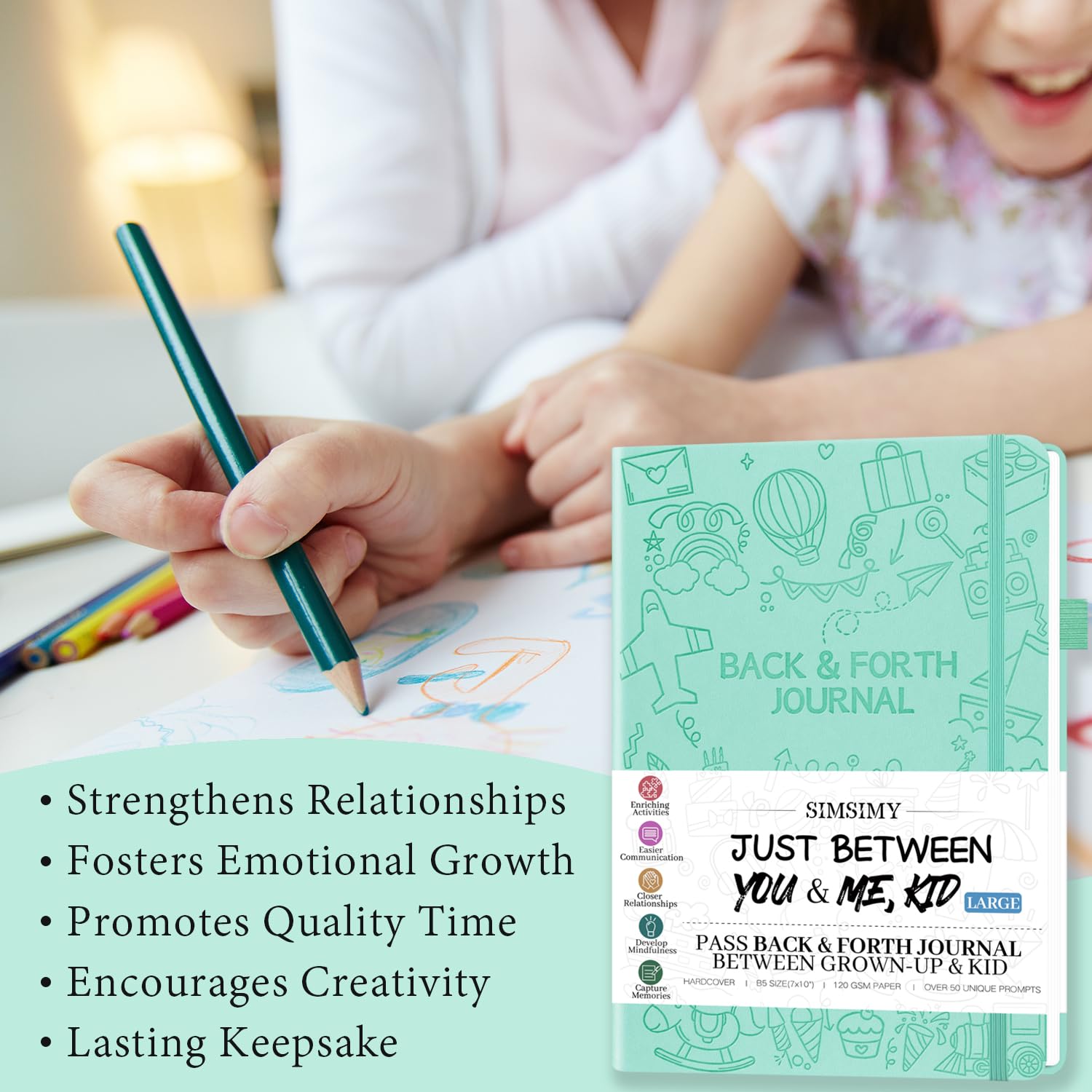 SIMSIMY Just Between You and Me Kid Journal page with prompts supports creative expression during family time.