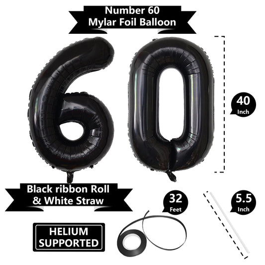 SINBEE 40-inch black 6-number balloon adds dramatic 60th birthday accents.