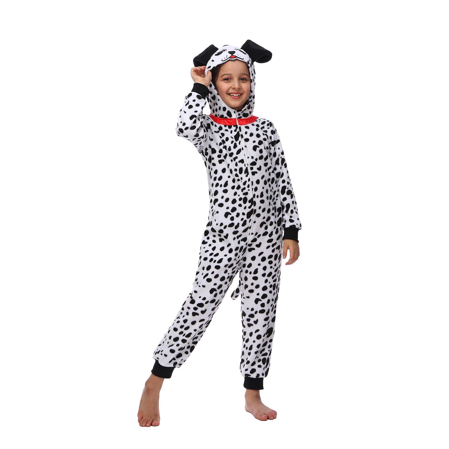 Sincere Party Dalmatians onesie hooded front view showing cozy fleece for kids