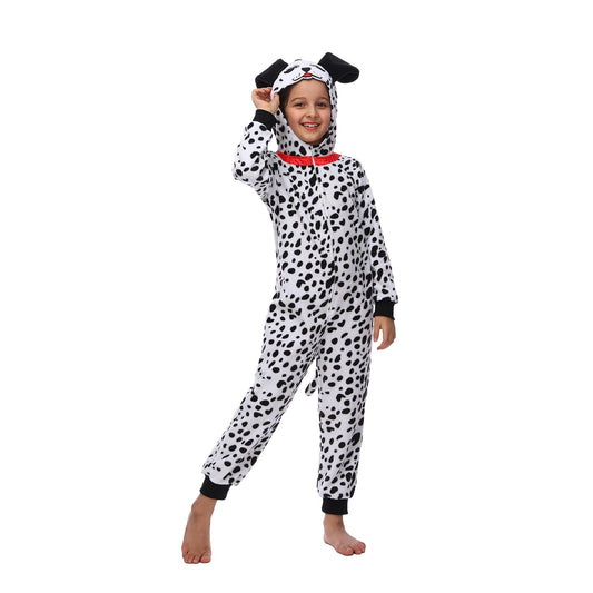 Sincere Party Dalmatians onesie hooded front view showing cozy fleece for kids