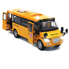 Singer's Toy 9in pull-back bus with front door open, showcasing interactive lights and play potential
