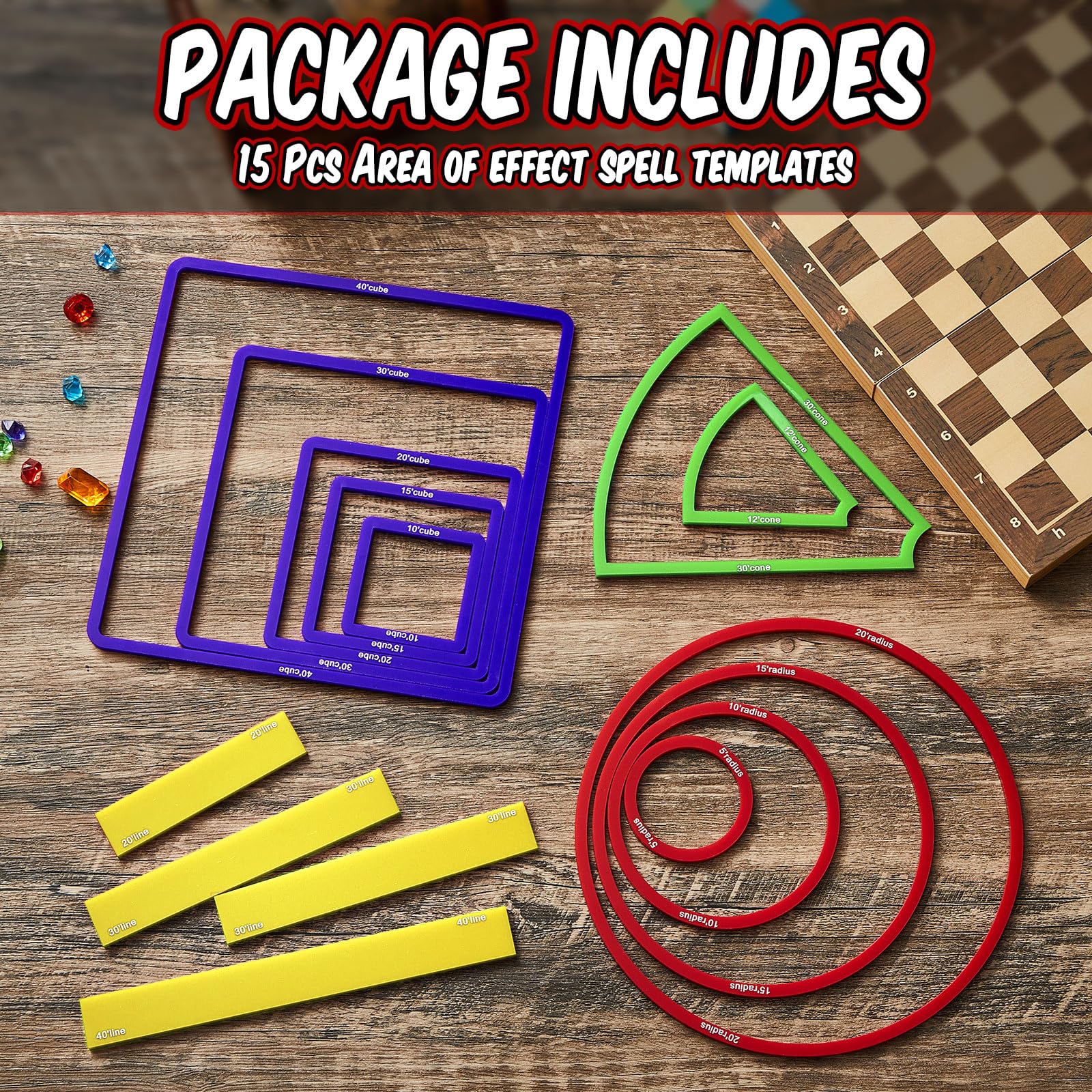 Sintuff circle templates highlight area effects for precise game measurements.