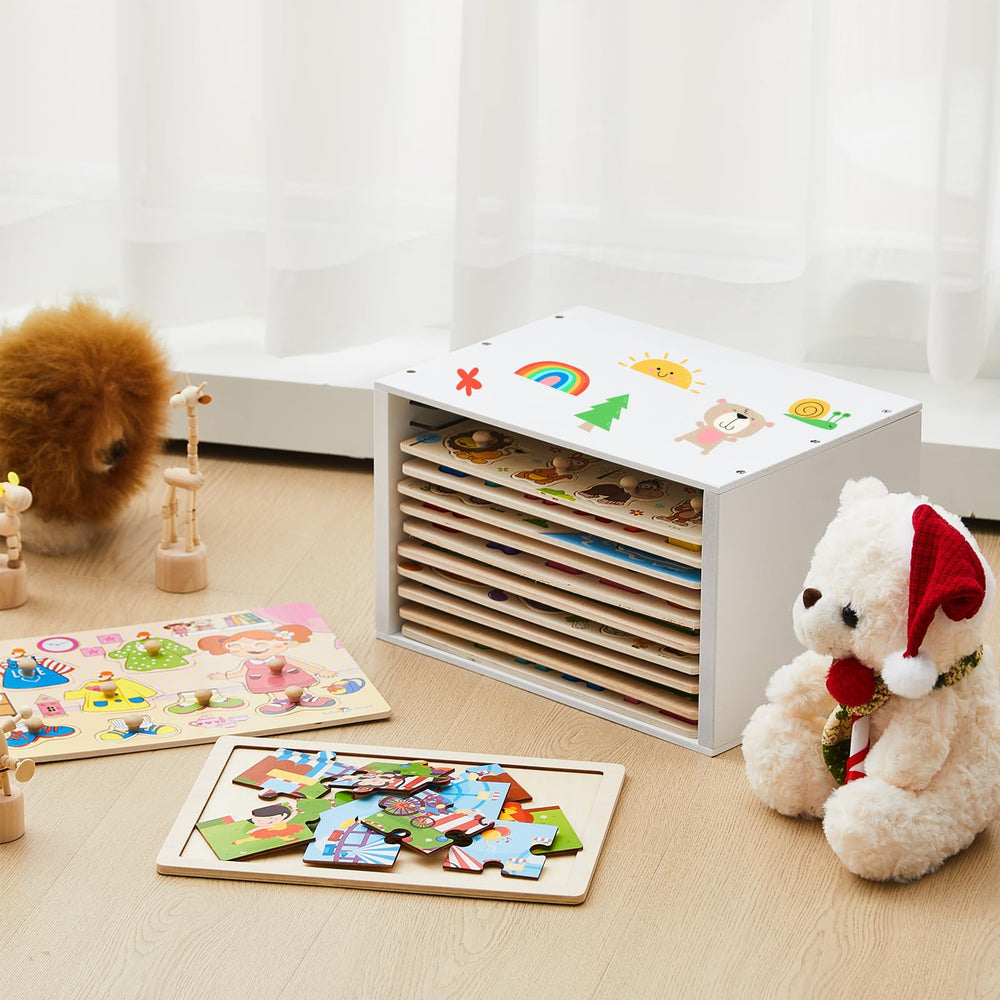 Sintuff wooden storage case white finish keeps puzzles tidy in bright spaces