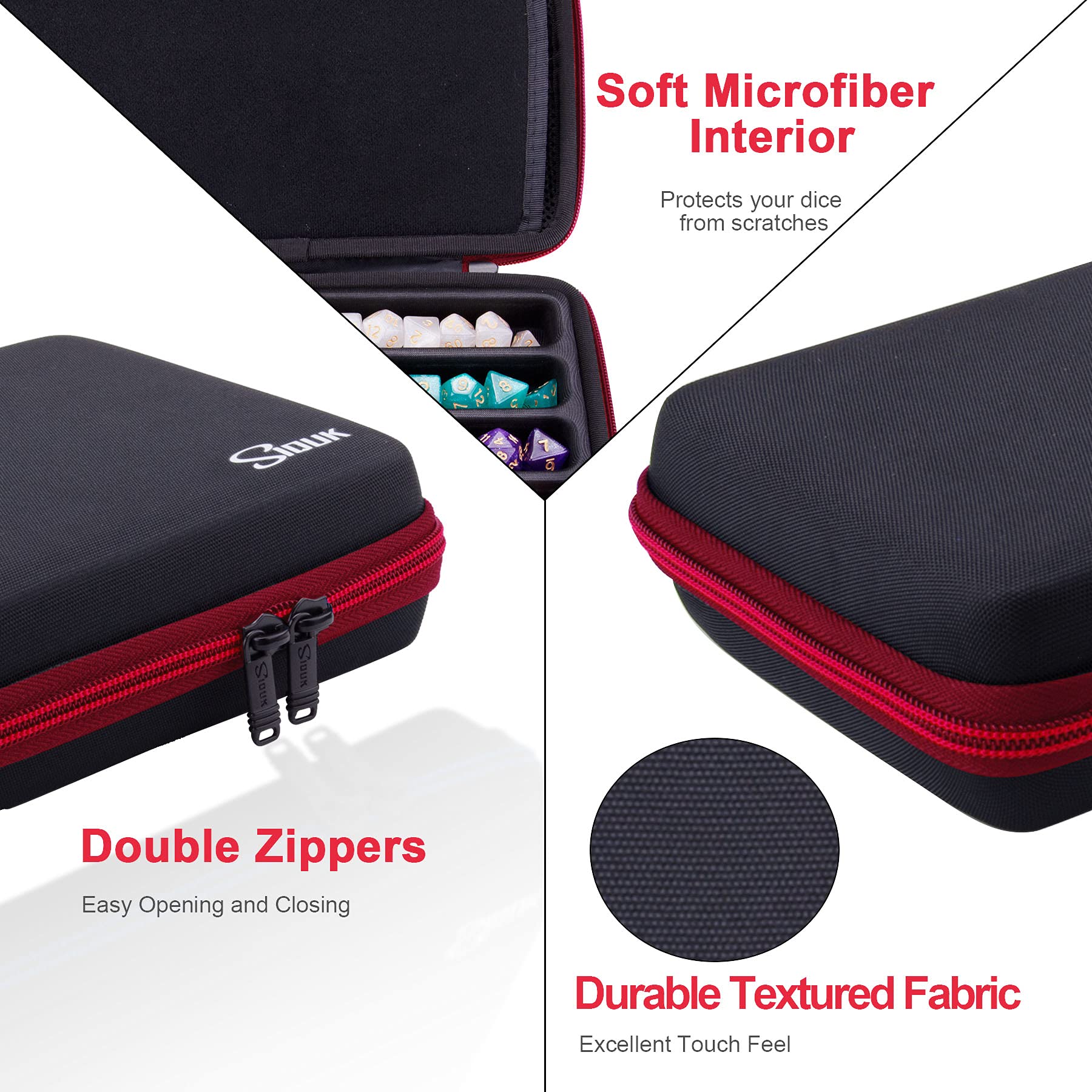 SIQUK dice case shows extra pockets for RPG accessories.