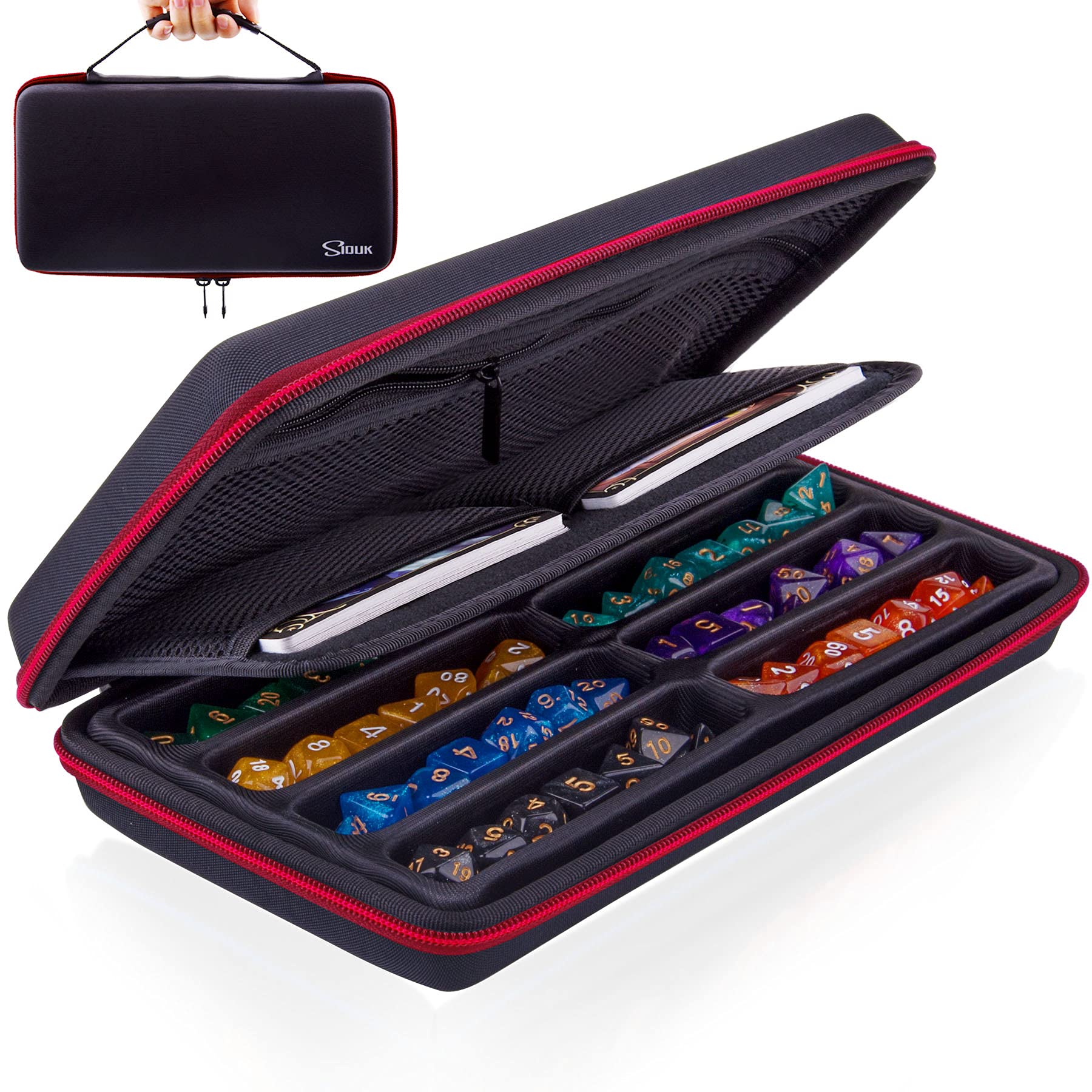 SIQUK dice storage case with closed slotted tray for eight dice sets.