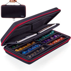 SIQUK dice storage case with closed slotted tray for eight dice sets.