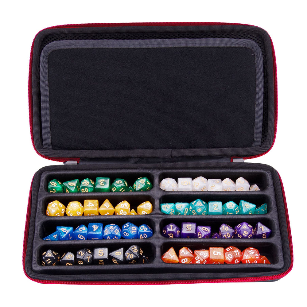SIQUK dice storage case showing large mesh pocket for sheets and gear.