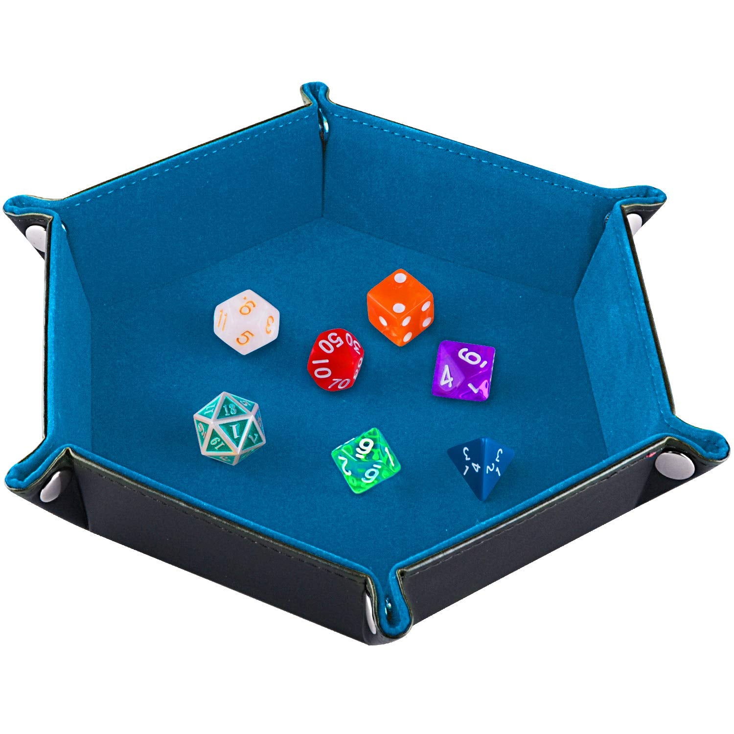 SIQUK hexagon dice tray with blue velvet interior keeps dice secure during play