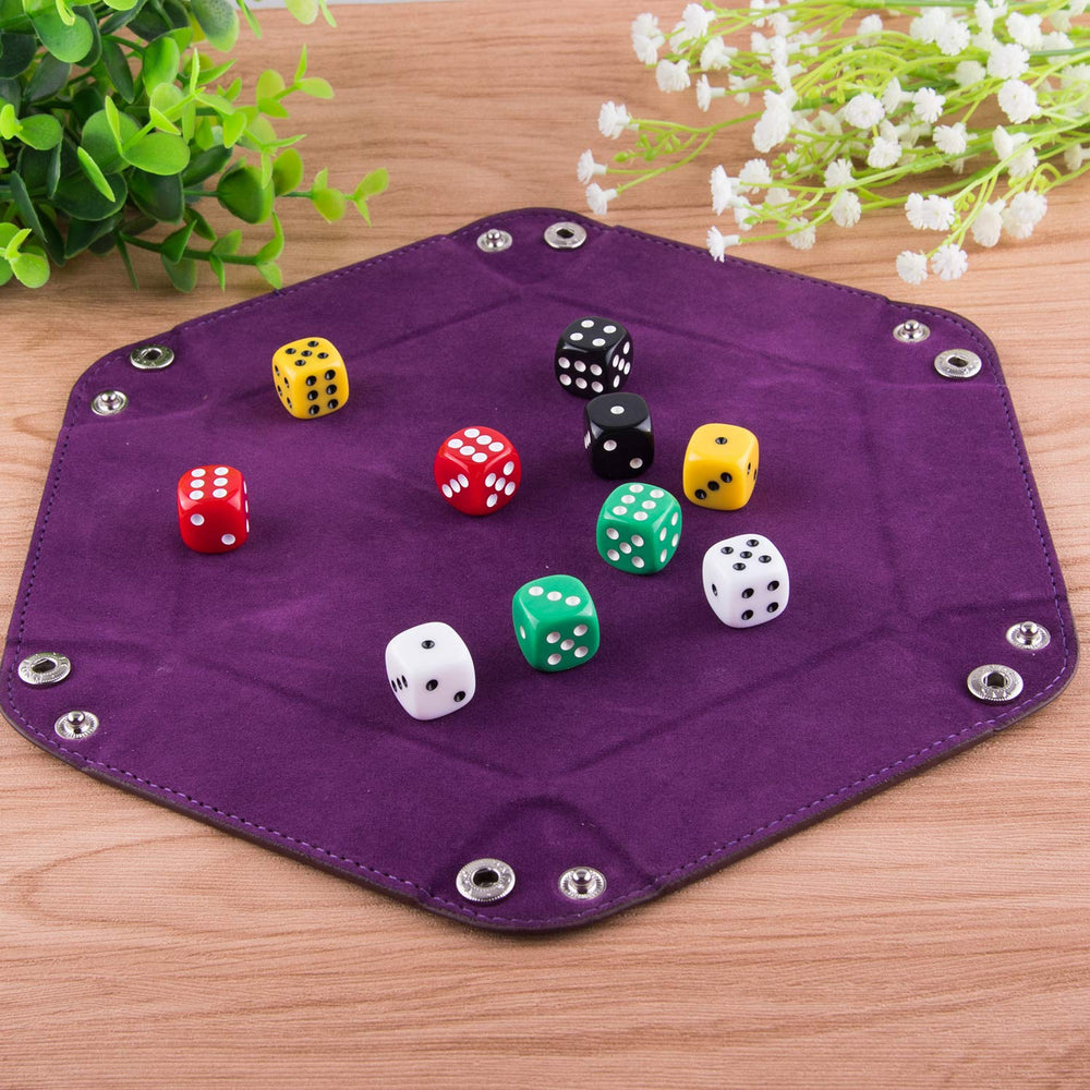 SIQUK violet foldable hexagon dice tray with metal snaps for stability.