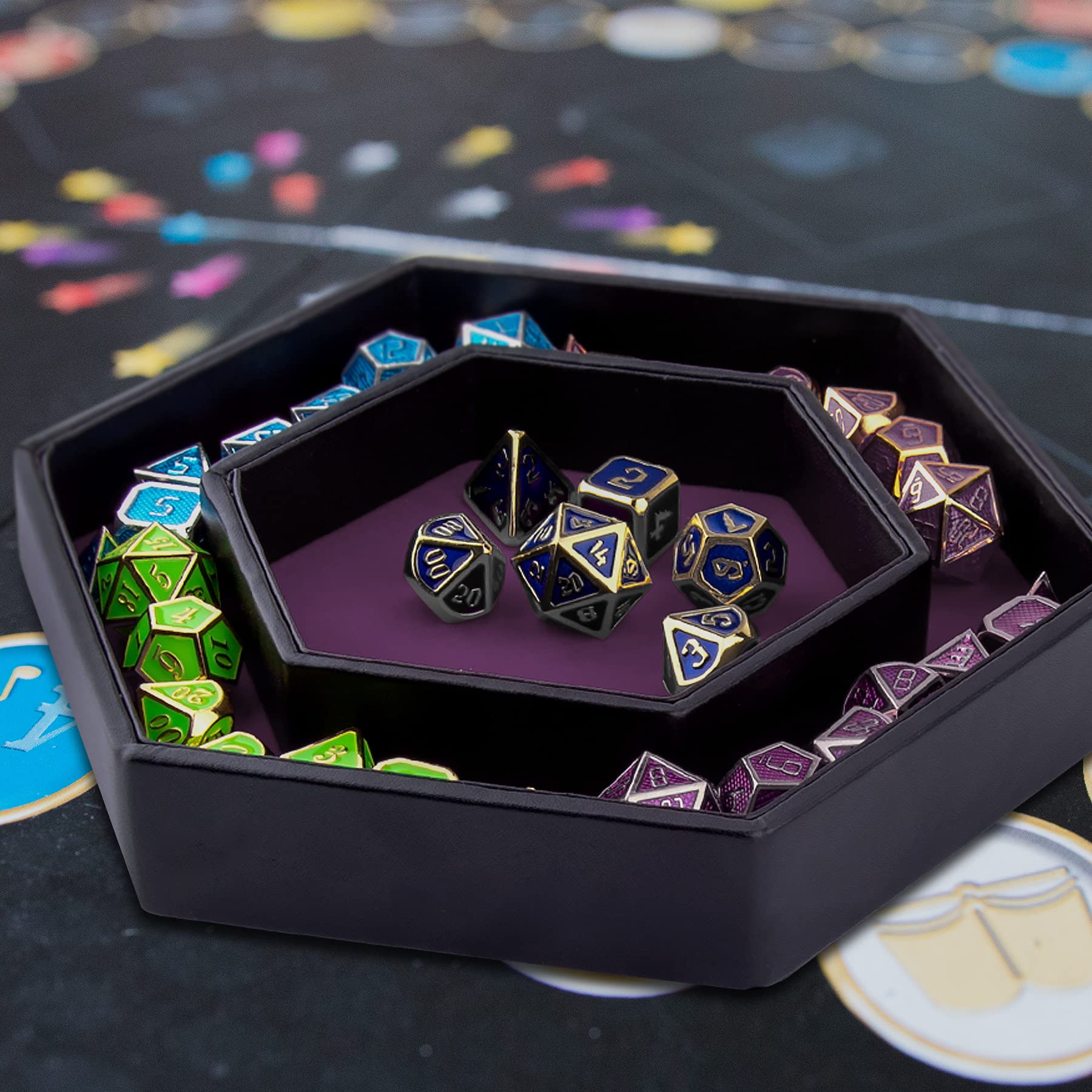 SIQUK dice tray with lid hexagon purple, dimensions 8x7 inches for ample rolling space