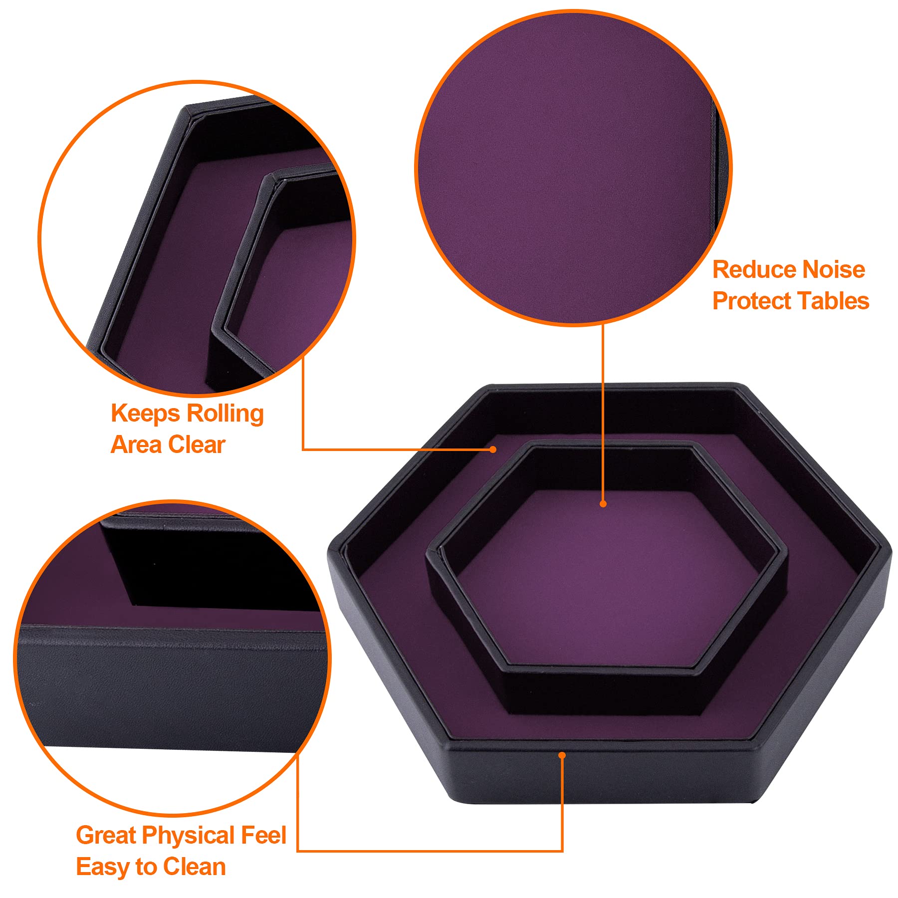 SIQUK dice tray with lid hexagon purple, lid off inside view showing organized dice
