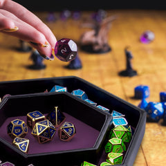 SIQUK dice tray with lid hexagon purple, ready for tabletop gaming setup