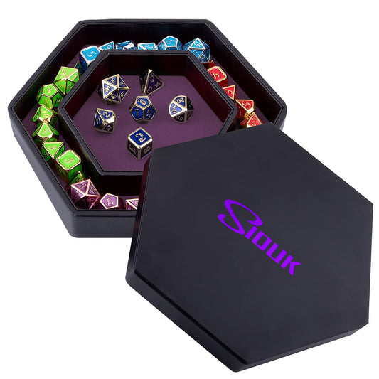 SIQUK dice tray with lid hexagon purple, top view for compact RPG sessions