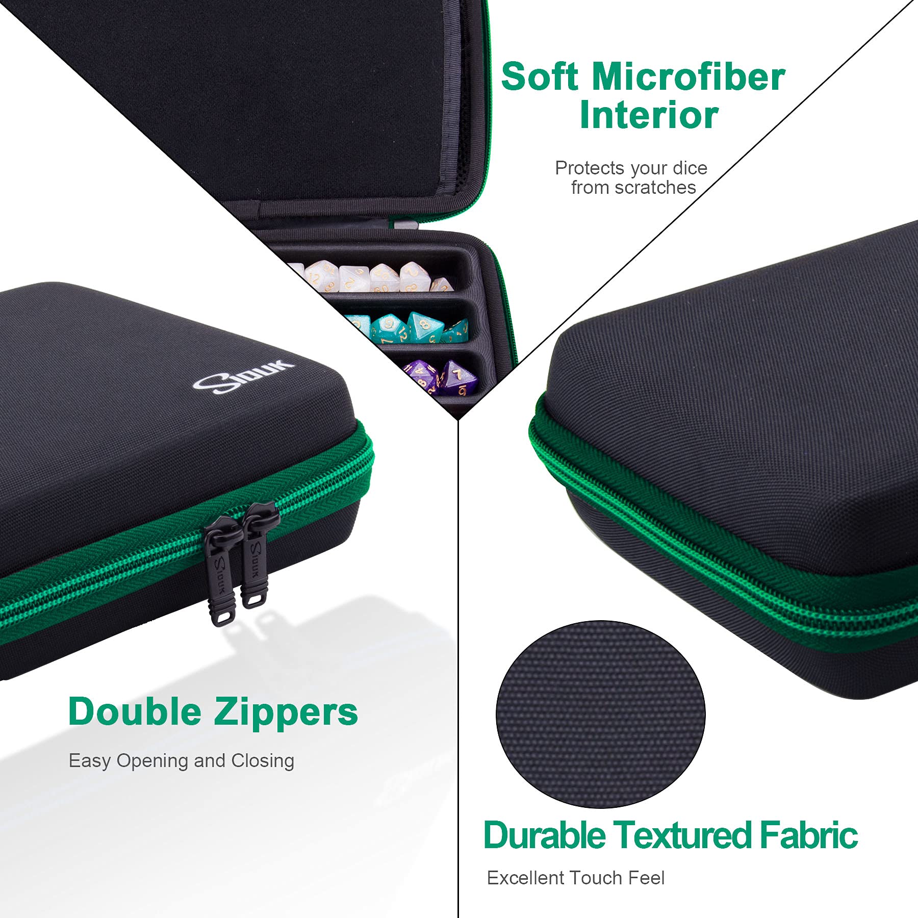 SIQUK Green EVA dice case with accessory pockets for tokens and pens