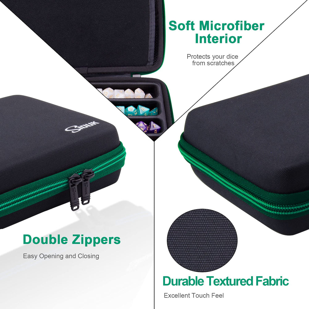 SIQUK Green EVA dice case with accessory pockets for tokens and pens
