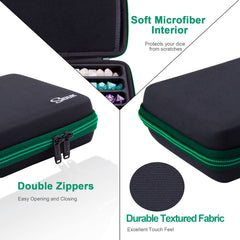 SIQUK Green EVA dice case with accessory pockets for tokens and pens