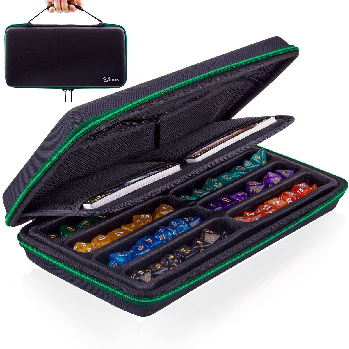 SIQUK Green EVA dice case with detachable tray shown for organized dice and rolling use