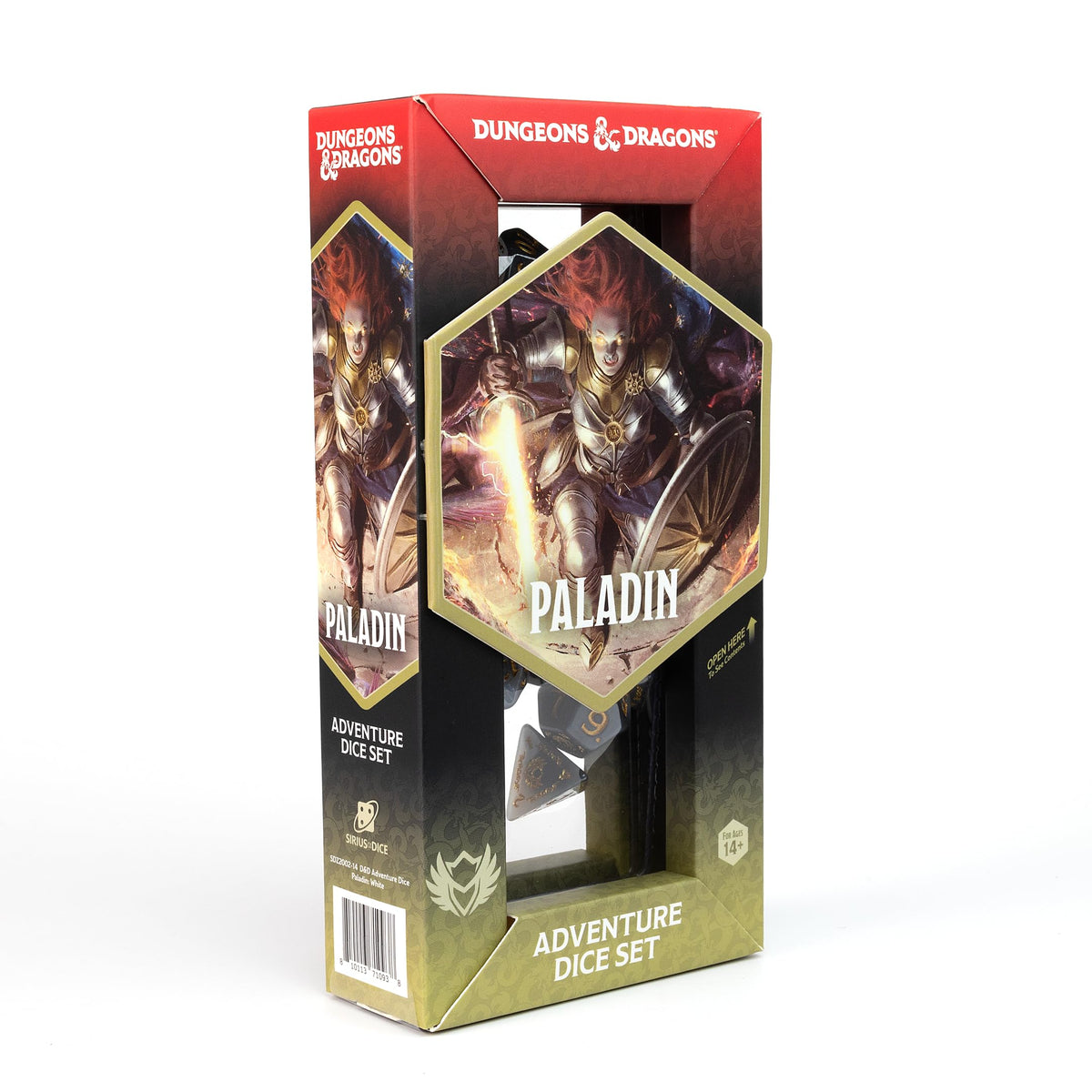 Sirius Dice Paladin white-grey set on table for clear reads and reliable rolls.