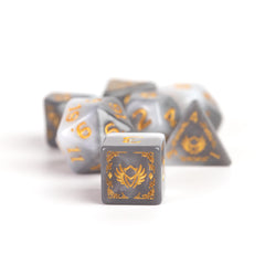 Close-up of white-grey Paladin dice emphasizing crisp numerals.