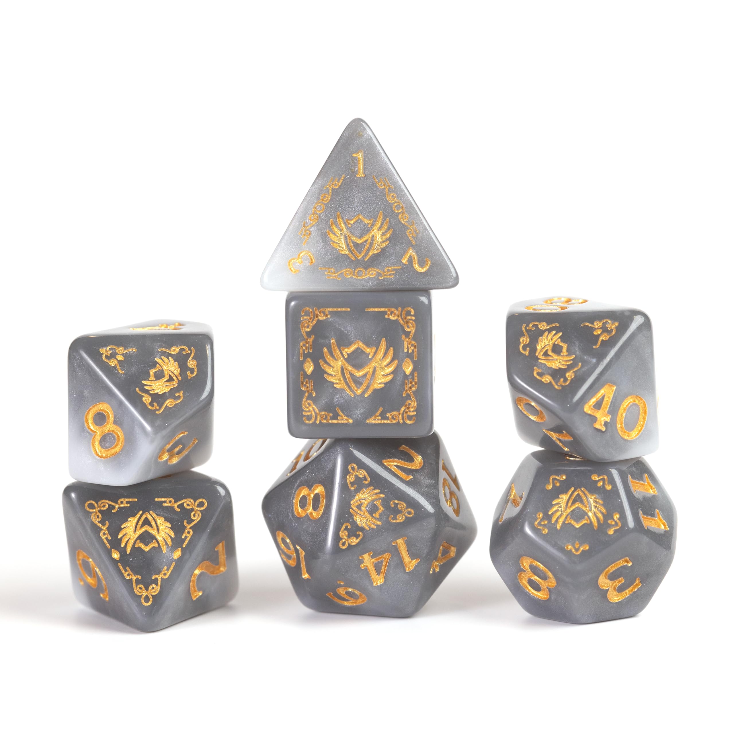 Paladin white-grey dice glow under lighting for dramatic rolls.
