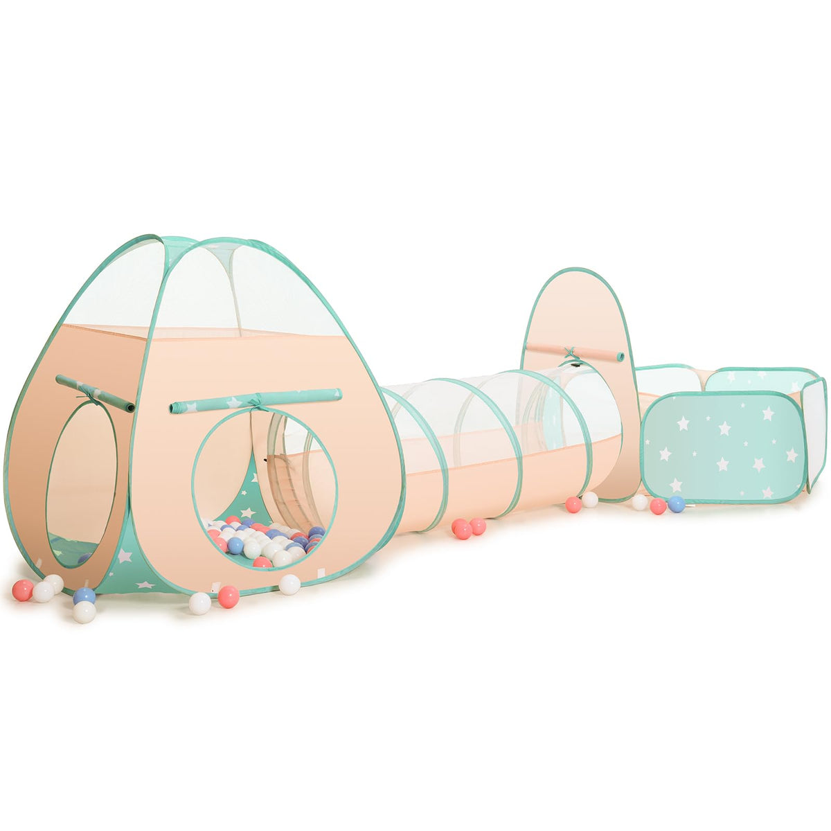 SISTICKER 3-in-1 play tent with ball pit and tunnel for imaginative indoor fun.