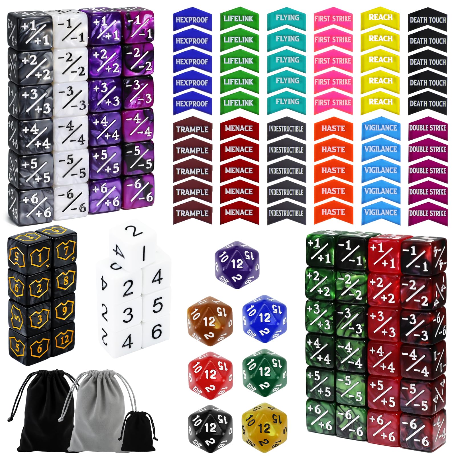 Sixpoints 130-piece MTG counter dice set with life counters and tokens, color-coded for quick tracking.
