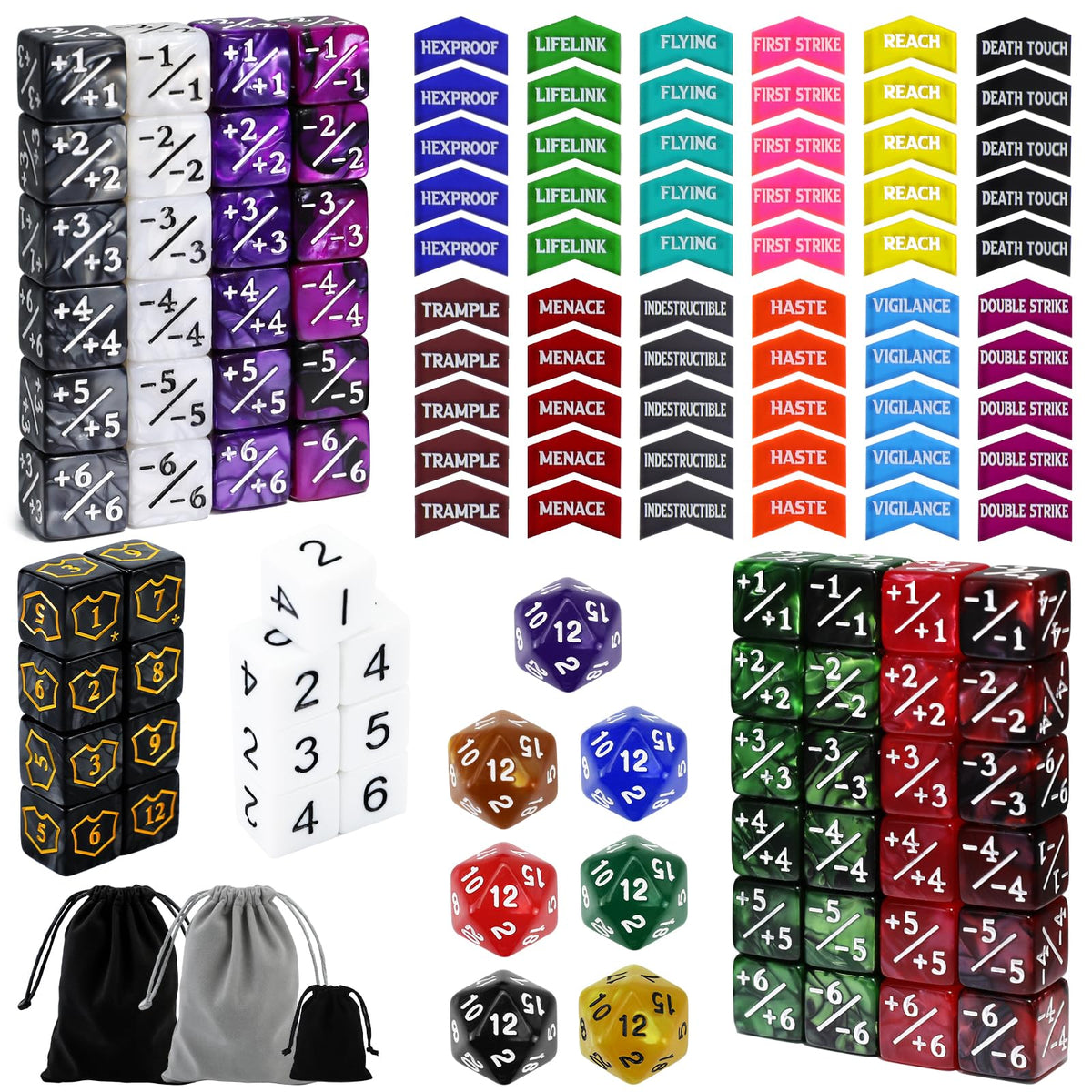 Sixpoints 130-piece MTG counter dice set with life counters and tokens, color-coded for quick tracking.
