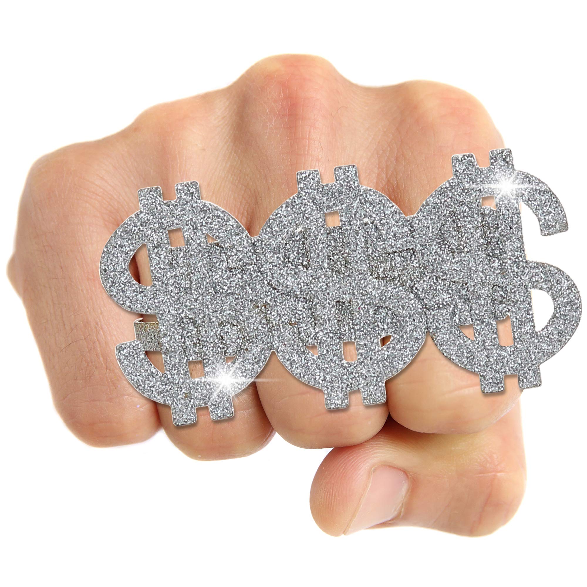 Skeleteen dollar-sign ring close-up highlights three-finger style.