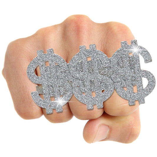 Skeleteen dollar-sign ring close-up highlights three-finger style.