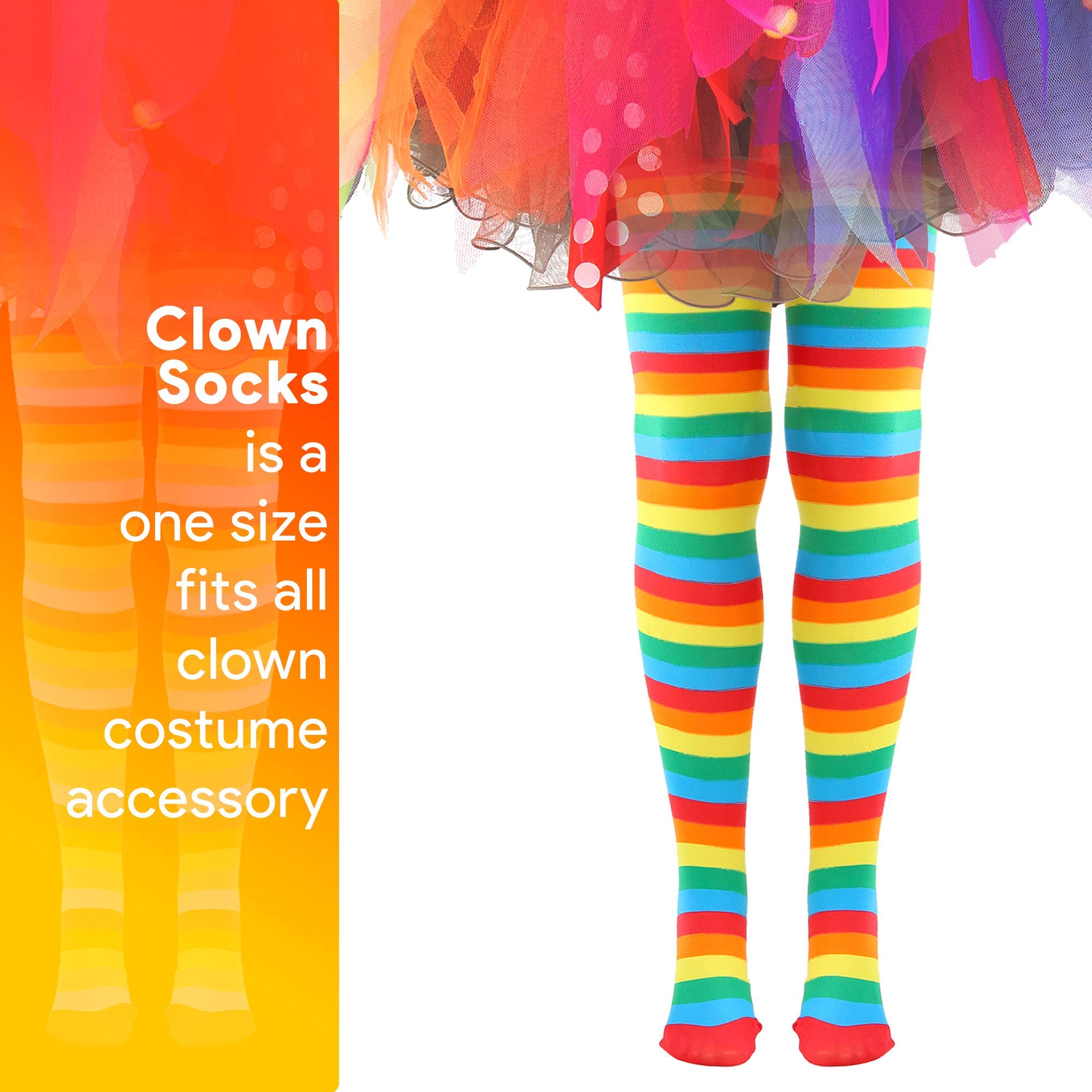 Skeleteen clown striped socks over the knee enhance circus-themed outfits.
