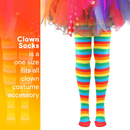 Skeleteen clown striped socks over the knee enhance circus-themed outfits.