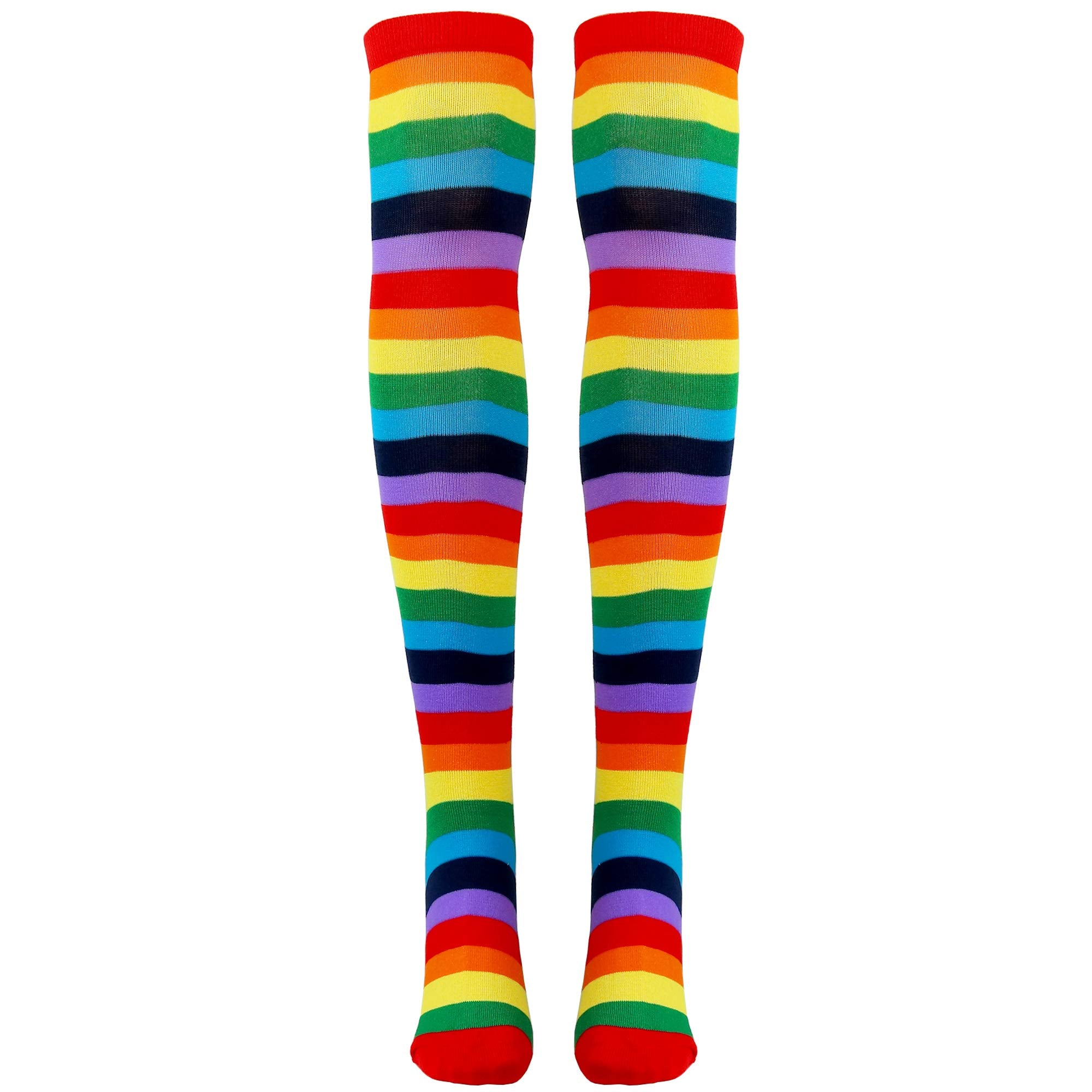 Skeleteen Colorful Rainbow Striped Socks over the knee for vibrant cosplay and costumes.
