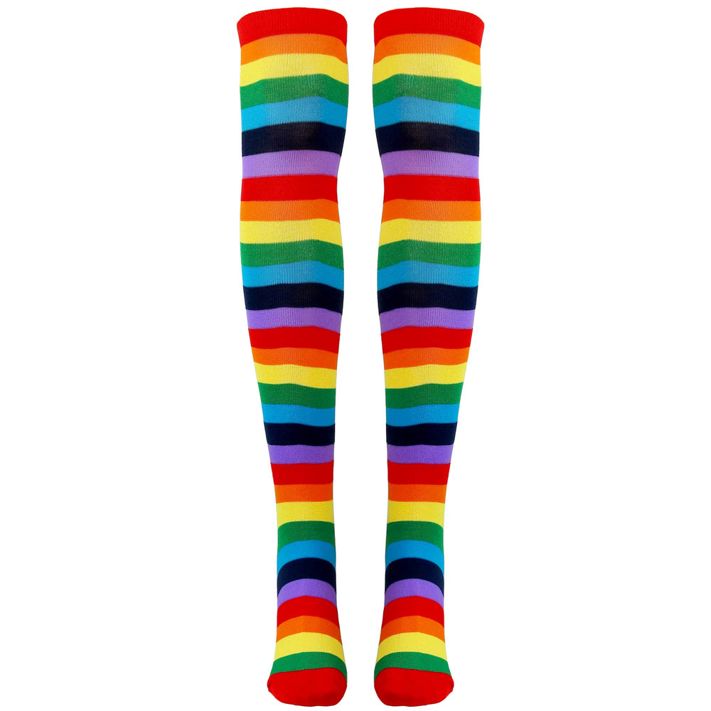 Skeleteen Colorful Rainbow Striped Socks over the knee for vibrant cosplay and costumes.