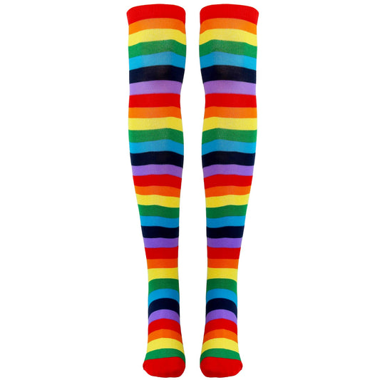 Skeleteen Colorful Rainbow Striped Socks over the knee for vibrant cosplay and costumes.