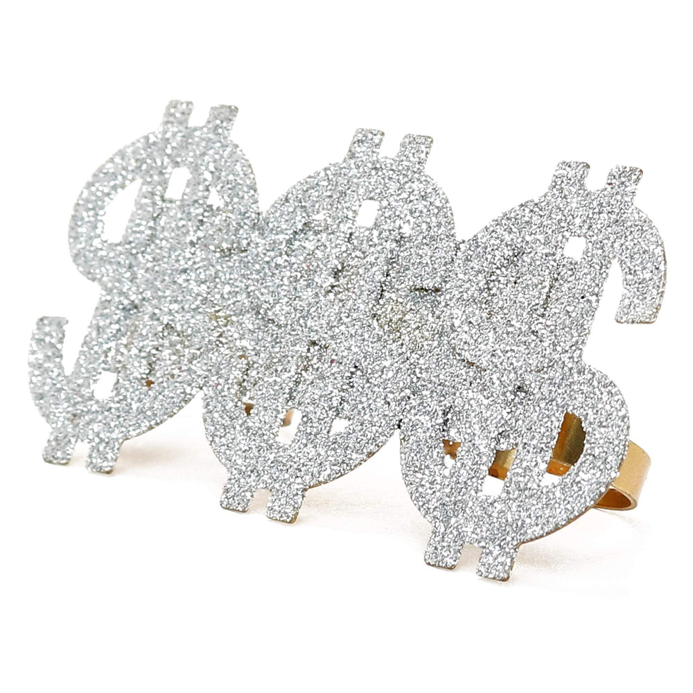 Skeleteen dollar-sign ring with three-finger design for bold costumes.