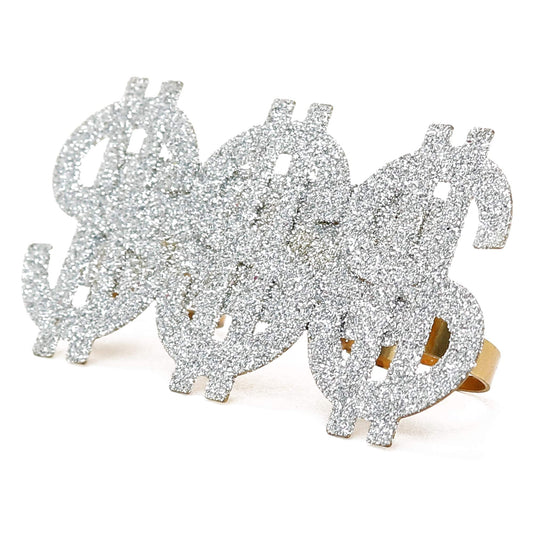 Skeleteen dollar-sign ring with three-finger design for bold costumes.
