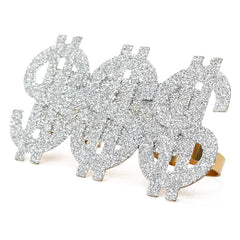 Skeleteen dollar-sign ring with three-finger design for bold costumes.