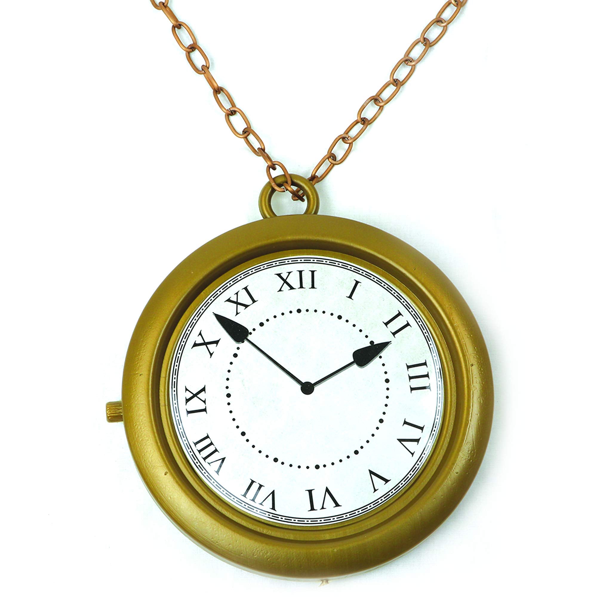 Skeleteen Gold Clock Necklace on a 35-inch chain creates oversized, bold costume looks.