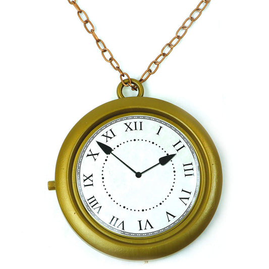 Skeleteen Gold Clock Necklace on a 35-inch chain creates oversized, bold costume looks.