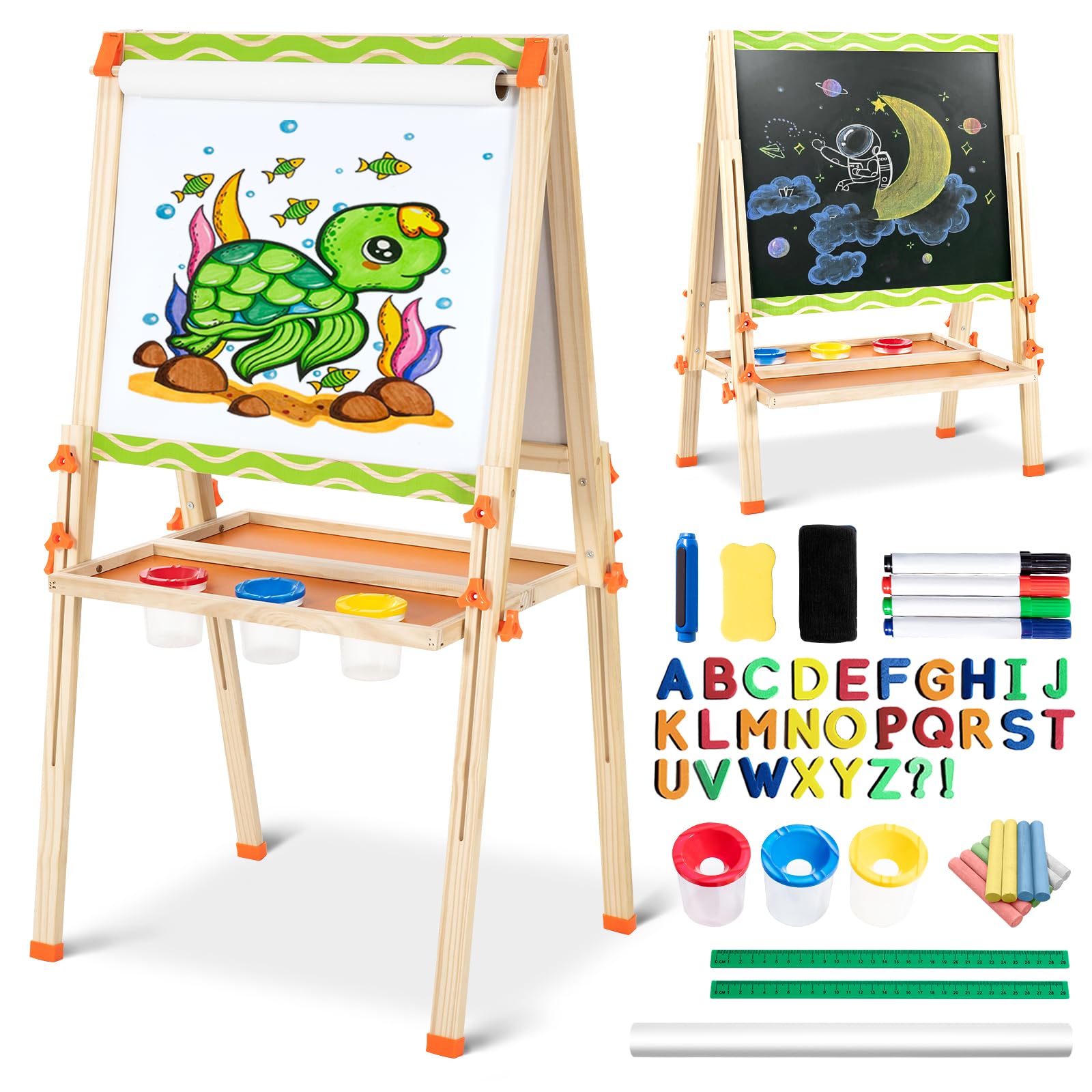 SketchNest dual-sided wooden easel with whiteboard and chalkboard for versatile learning.