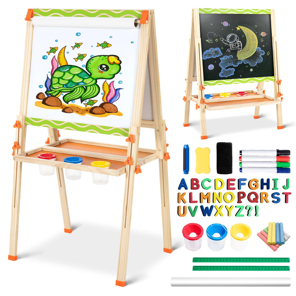 SketchNest dual-sided wooden easel with whiteboard and chalkboard for versatile learning.
