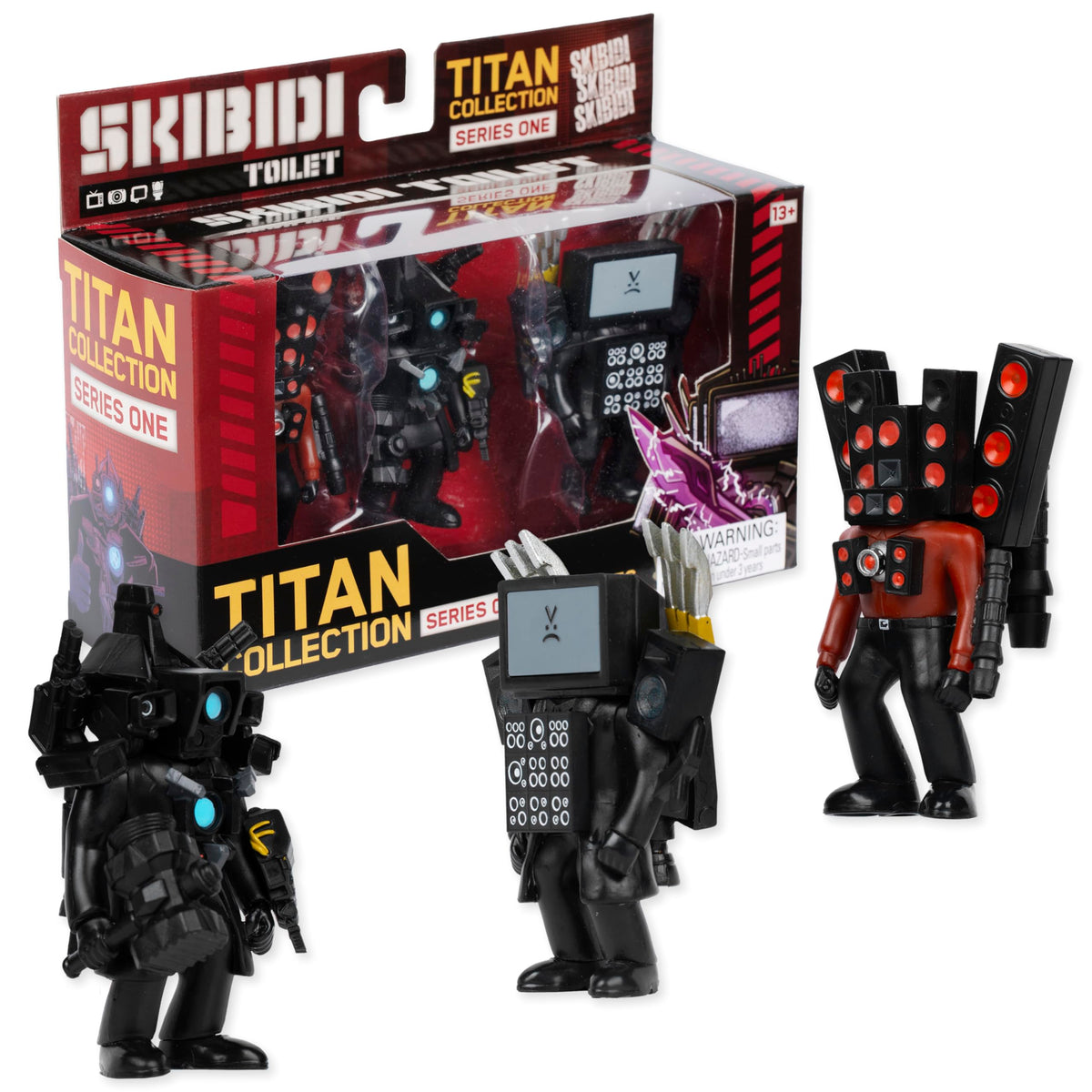 Skibidi Toilet Titan 3 Pack front view with three collectible figures