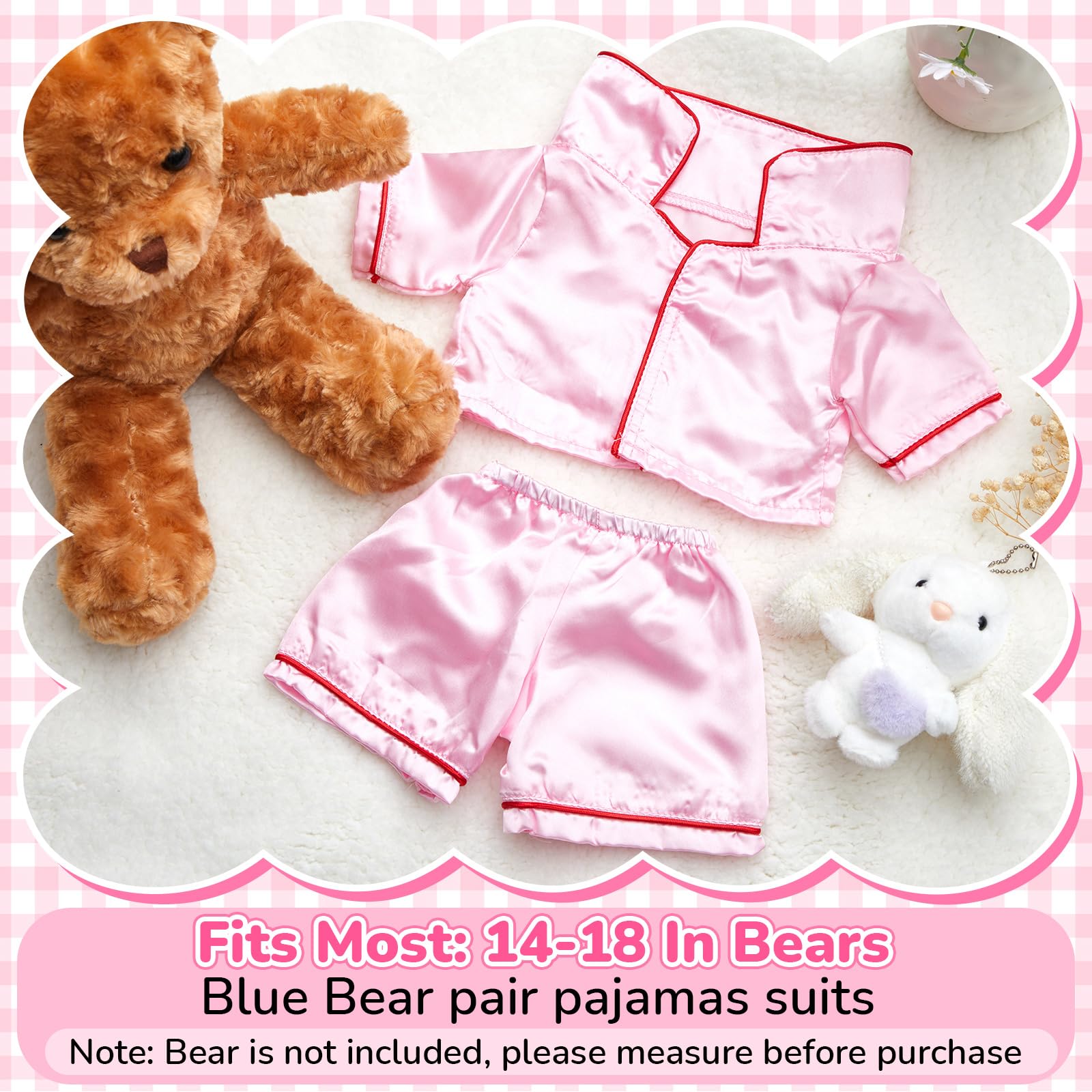 Pink bear outfit shown on plush bear for pretend bedtime.