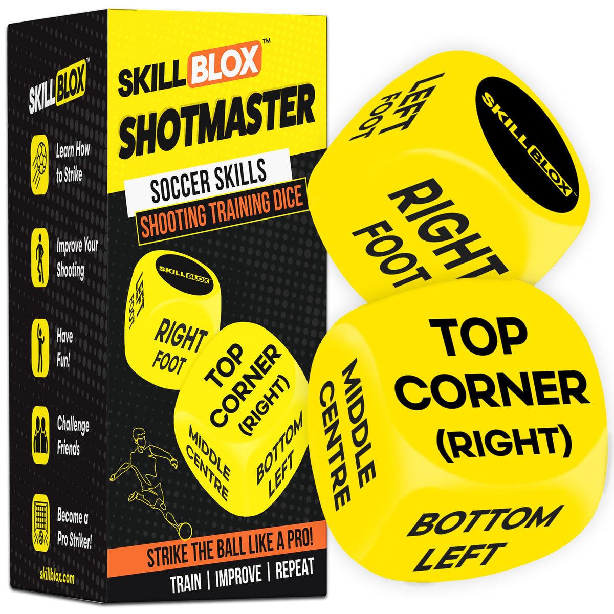 Skill Blox Soccer Training Dice roll guiding a player toward a challenging shot selection.