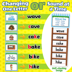 SkilLify cards show vowel sounds to boost phonics recognition.