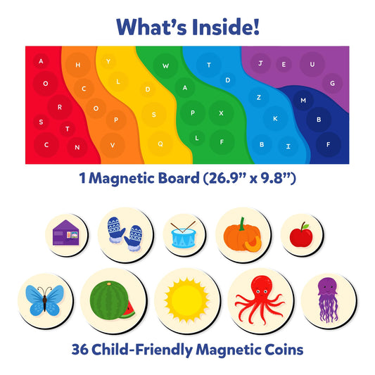 Skillmatics Alphabet Rainbow magnetic coins help children match objects to letters with visual appeal.